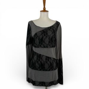 Tracy Reese Lace Patchwork‎ Top Women’s M Gray Black Long Sleeve Crew Neck
